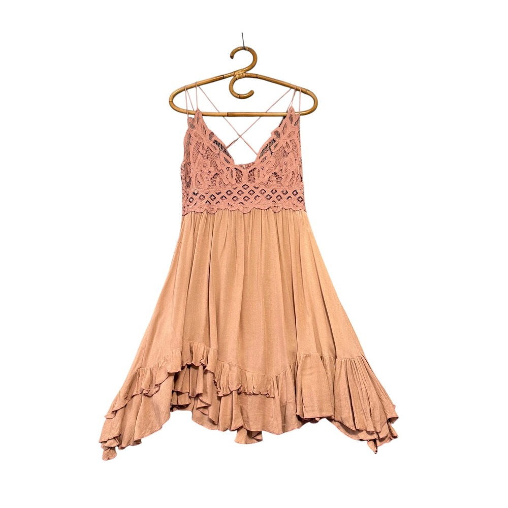 Free People One | Adella Slip Dress Rose Pink Boho Lace Mini Size L - Picture 2 of 15